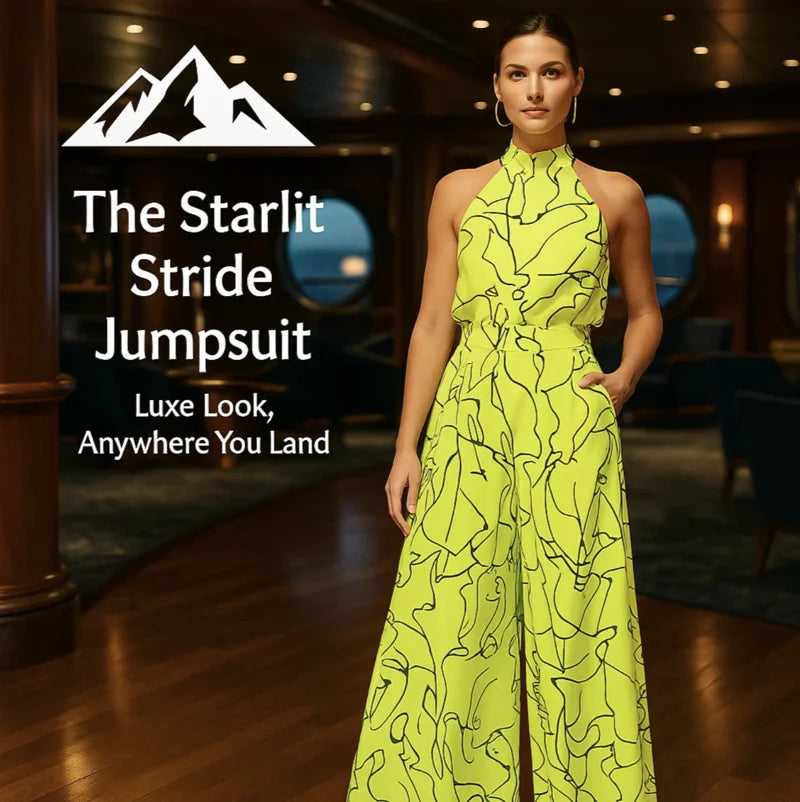 HighPeak The Starlit Stride Jumpsuit in lime with bold line art, halter neck, wide legs, and pockets in elegant indoor setting