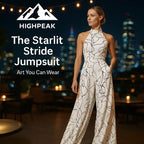 HighPeak The Starlit Stride Jumpsuit in white with black line-art, halter neck, wide legs, and pockets, worn in a city night setting