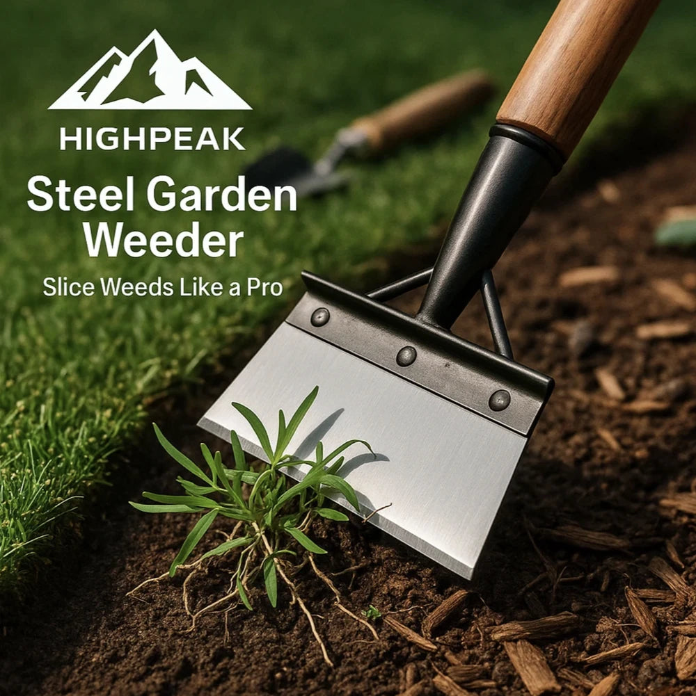 HighPeak Steel Garden Weeder with stainless steel blade and wooden handle removing weeds from garden soil outdoors