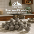 HighPeak Steel Wool Scrubber 20-piece rust-proof stainless steel scrubbers piled on kitchen countertop.
