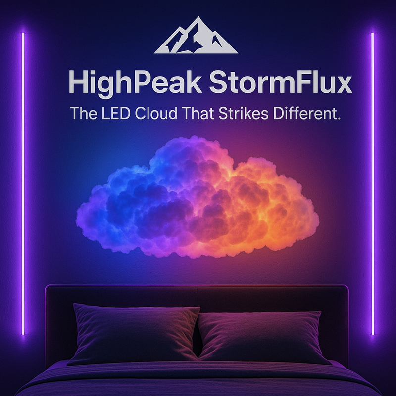 HighPeak StormFlux LED cloud in vibrant blue and orange colors glowing above a dark bed in a modern bedroom setting