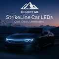 HighPeak StrikeLine Car LEDs glowing blue on sleek black car at dusk with mountains in background