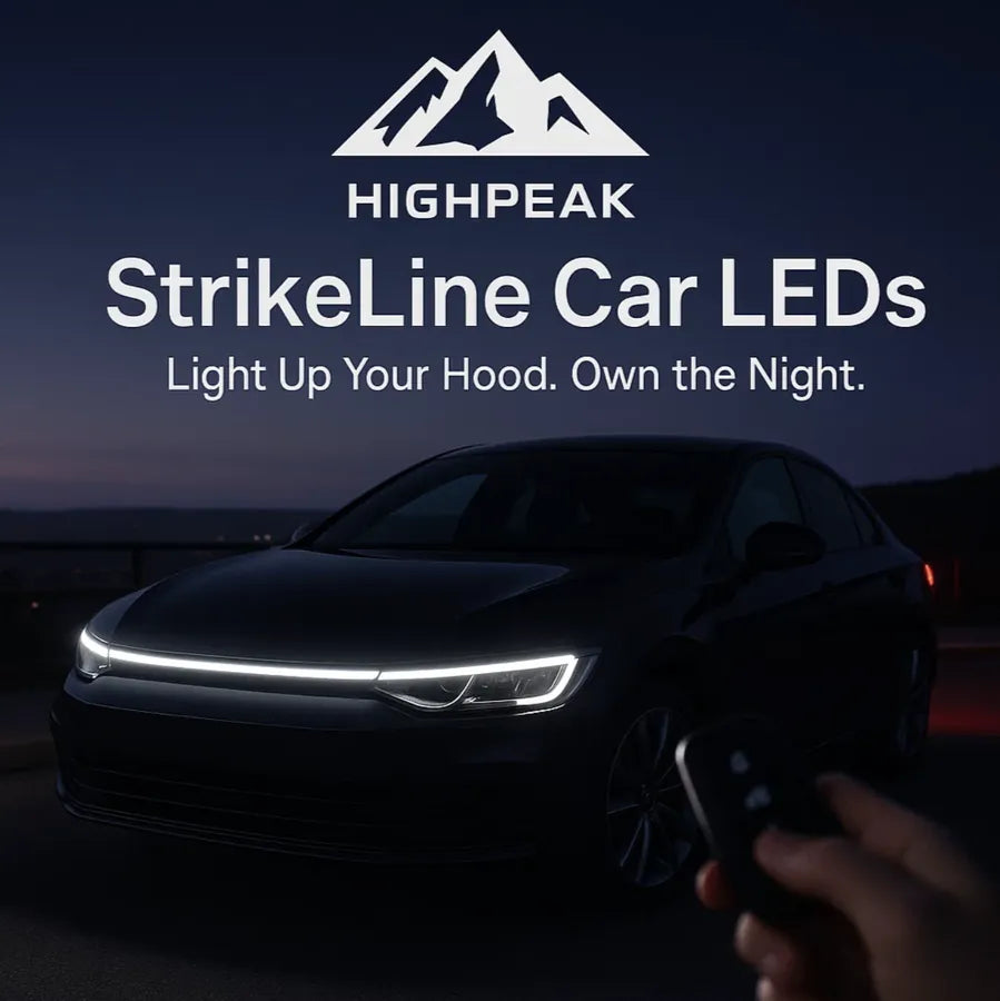 HighPeak StrikeLine Car LEDs glowing white on car hood at night with remote control in hand for easy install and dynamic light effects
