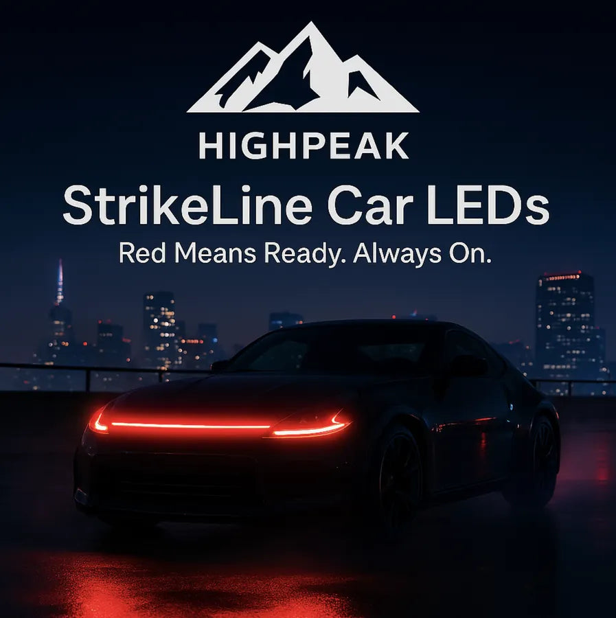 HighPeak StrikeLine Car LEDs glowing red on a sleek black car hood with city skyline in the background at night