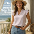 HighPeak Striped Flutter Sleeve Blouse in soft pink stripes, lightweight fabric, worn with denim by the beach.