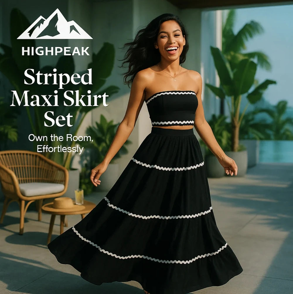 HighPeak Women's Striped Maxi Skirt Set in black with white trim worn outdoors, featuring a sleeveless crop and flowy maxi skirt