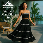 HighPeak Women's Striped Maxi Skirt Set in black with white trim, sleeveless crop top and flowy skirt outdoors