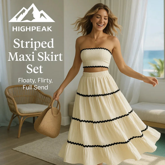 HighPeak Women's Striped Maxi Skirt Set in cream with black stripes, sleeveless crop and flowy skirt in bright room setting