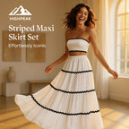 HighPeak Women's Striped Maxi Skirt Set in white with black trim worn by smiling woman in sunlit room
