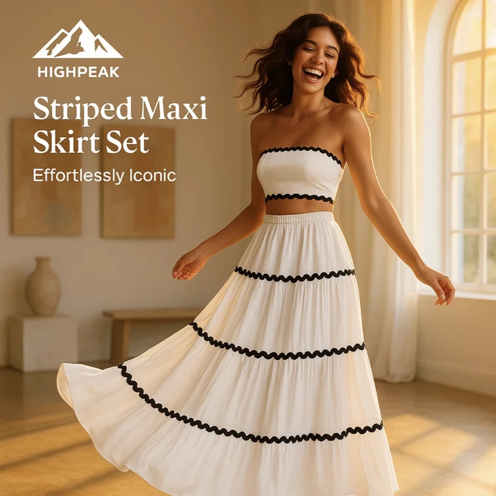 HighPeak Women's Striped Maxi Skirt Set in white with black trim worn by smiling woman in sunlit room