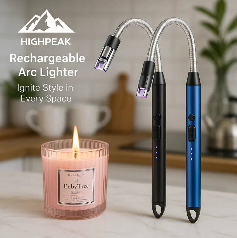 HighPeak Rechargeable Arc Lighter in black and blue with flexible necks lighting a candle on a kitchen countertop.