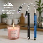 HighPeak Rechargeable Arc Lighter in black and blue with flexible necks lighting a candle on a kitchen counter