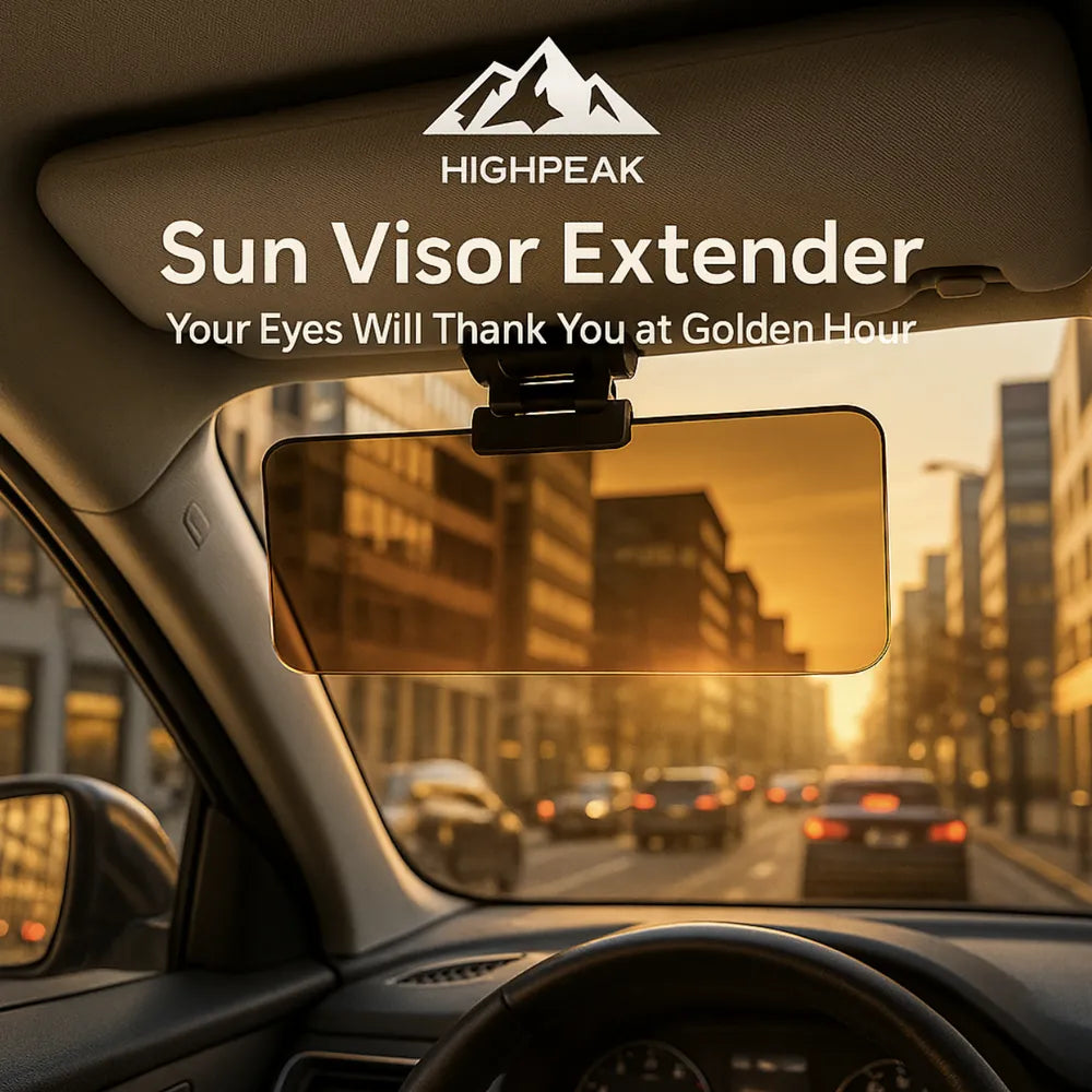 HighPeak Sun Visor Extender in amber mounted on car visor reducing glare during golden hour city drive