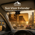 HighPeak Sun Visor Extender in amber mounted on car visor reducing glare during golden hour city drive