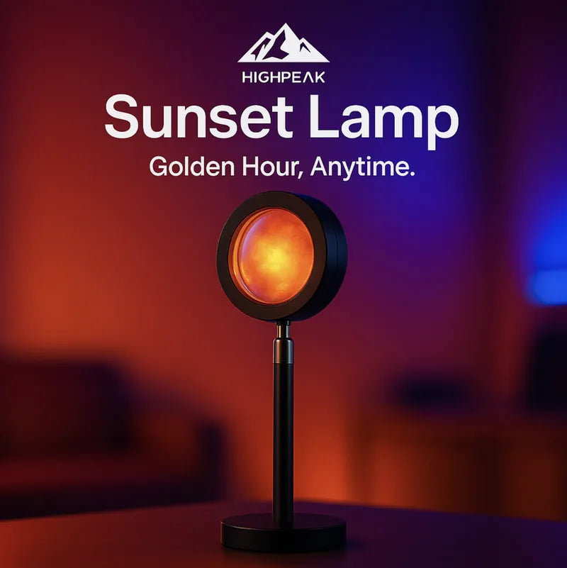 HighPeak Sunset Lamp projecting warm golden hour light with sleek black design on a dark indoor table setting