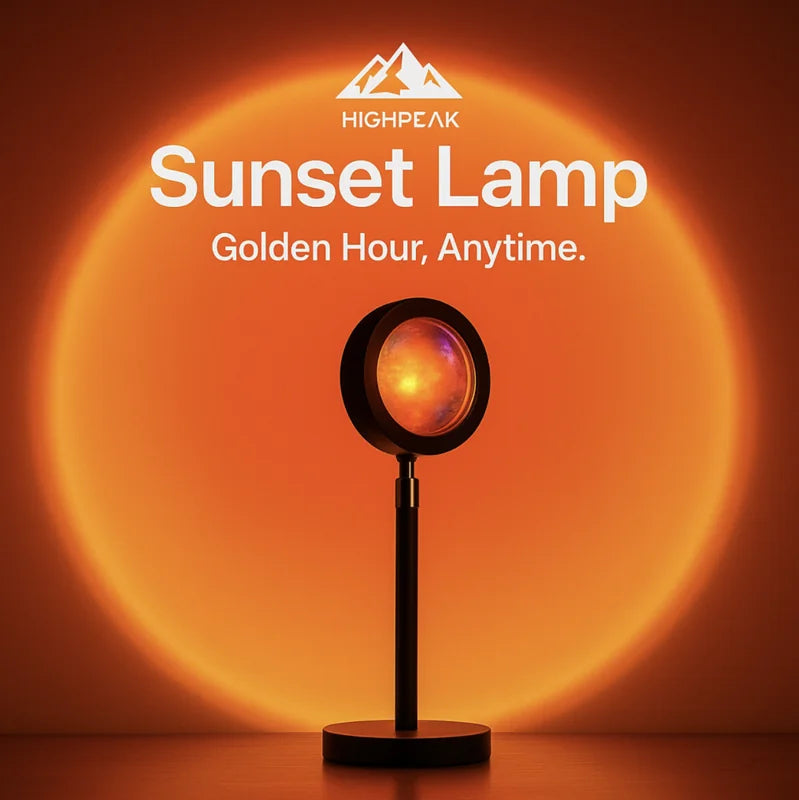HighPeak Sunset Lamp projecting warm golden-hour light with sleek black stand on wooden surface indoors