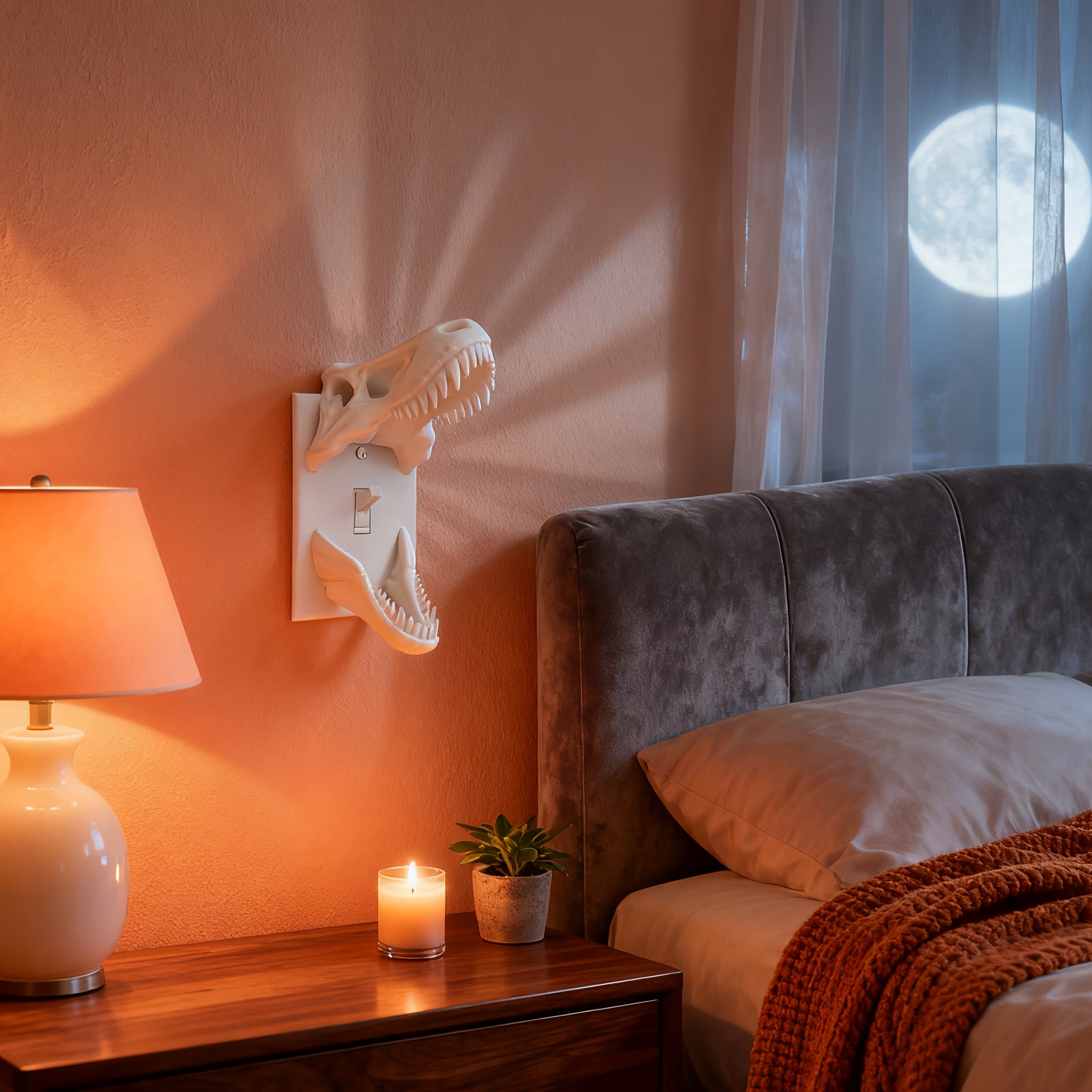White T-Rex Skull Switch Cover styled beside a bed and lamp at night