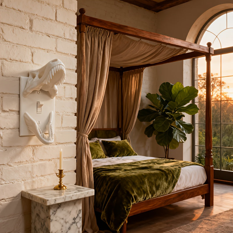 White T-Rex Skull Switch Cover on a brick wall beside a canopy bed