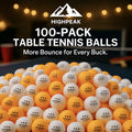 HighPeak 100-Pack Table Tennis Balls in orange and white on a ping pong table, high-bounce, pro-grade ABS balls.