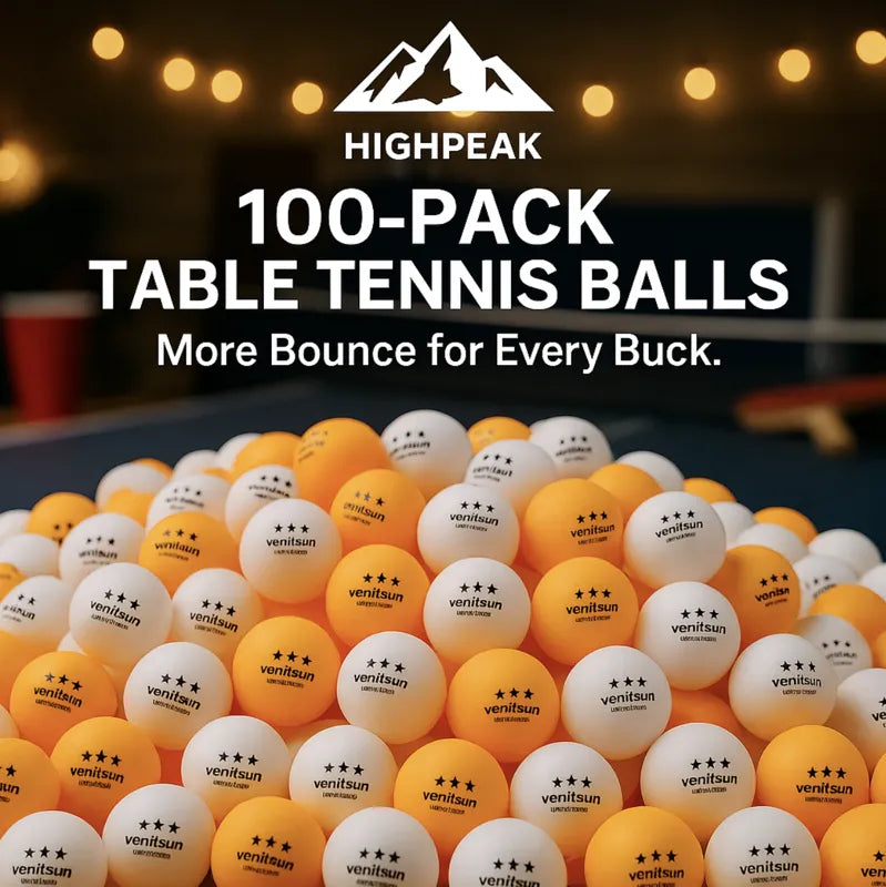 HighPeak 100-Pack Table Tennis Balls in orange and white on a ping pong table, high-bounce, pro-grade ABS balls.