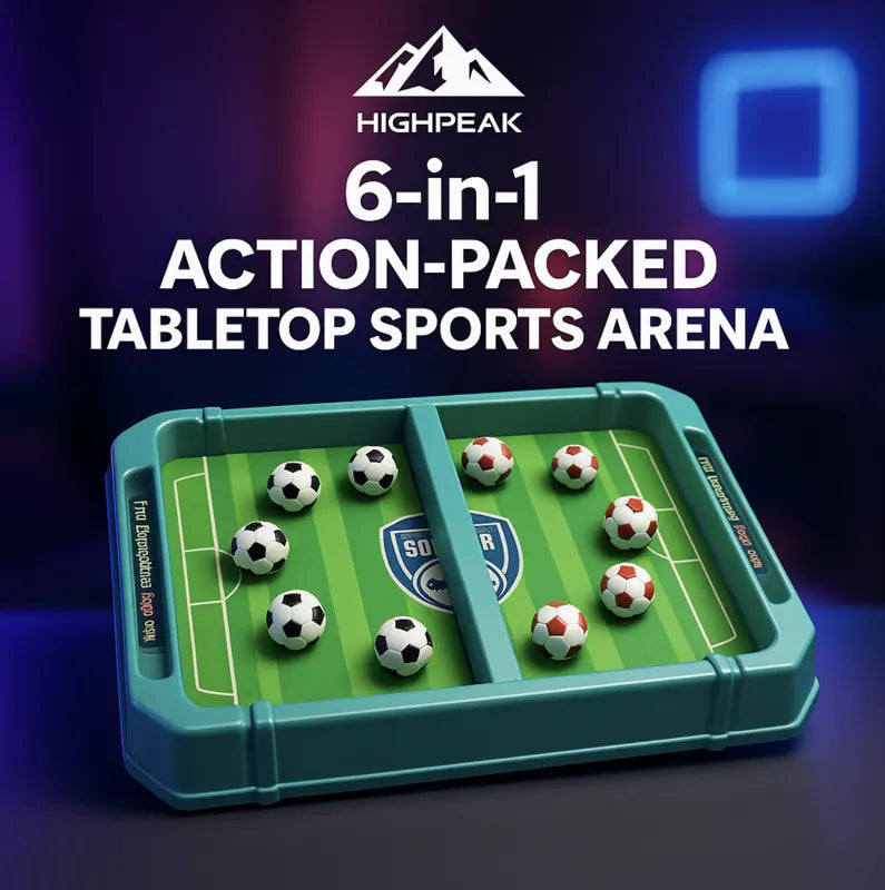 HighPeak 6-in-1 Sports BattleBoard soccer tabletop game with green field and black and white balls in action-packed setup