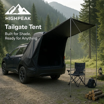 HighPeak Tailgate Tent in black attached to SUV with expandable awning creating shaded camping space outdoors