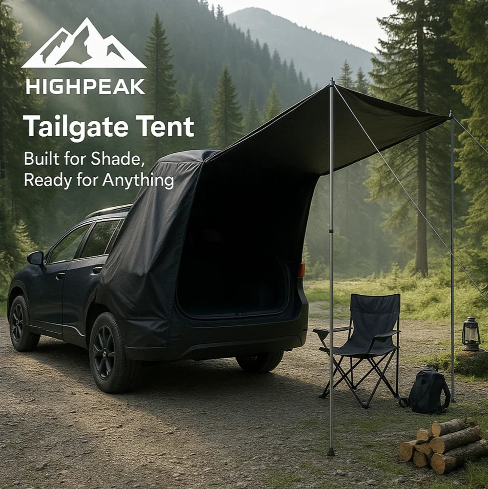 HighPeak Tailgate Tent in black attached to SUV with extended awning and camping chair in forest setting