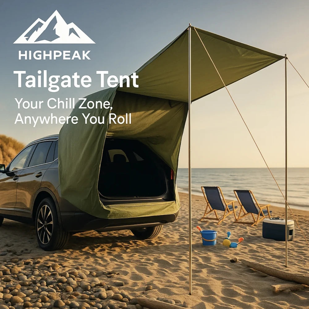 HighPeak Tailgate Tent in green attached to SUV on beach with awning, chairs, and cooler for shade and relaxation