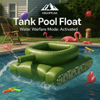 HighPeak Tank Pool Float in green with dual pump-action water cannons floating in a backyard pool setting