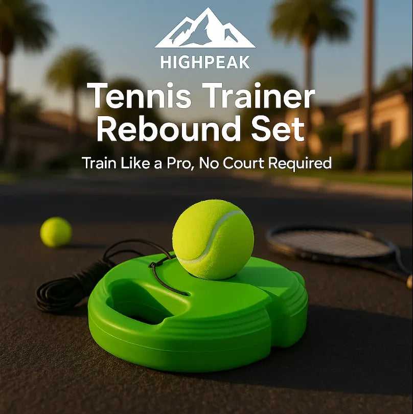 HighPeak Tennis Trainer Rebound Set in bright green with tennis ball and racket on an outdoor asphalt surface.