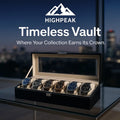 HighPeak Timeless Vault™ 6 Slot Luxury Watch Box in black leather with glass top showcasing six watches on a glass table.
