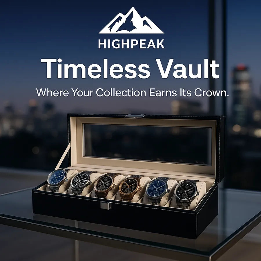 HighPeak Timeless Vault™ 6 Slot Luxury Watch Box in black leather with glass top showcasing six watches on a glass table.