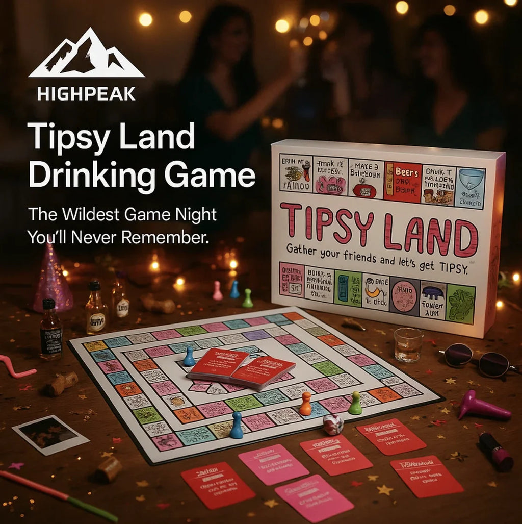 HighPeak Tipsy Land Drinking Game board with colorful pieces, cards, and festive party setting for group fun and chaos