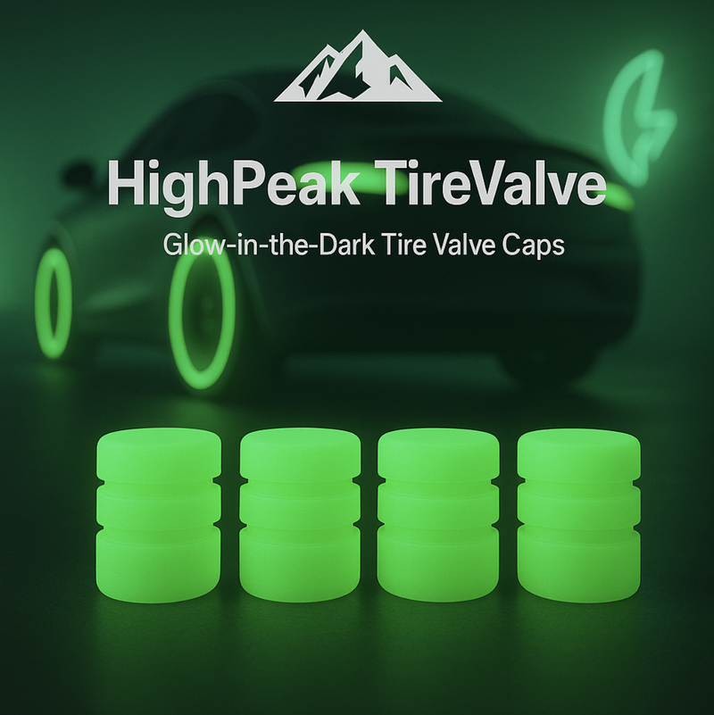 HighPeak TireValve glow-in-the-dark green tire valve caps with neon glowing toy car wheels in the background