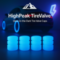 HighPeak TireValve™ blue glow-in-the-dark tire valve caps with neon car wheels in dark setting