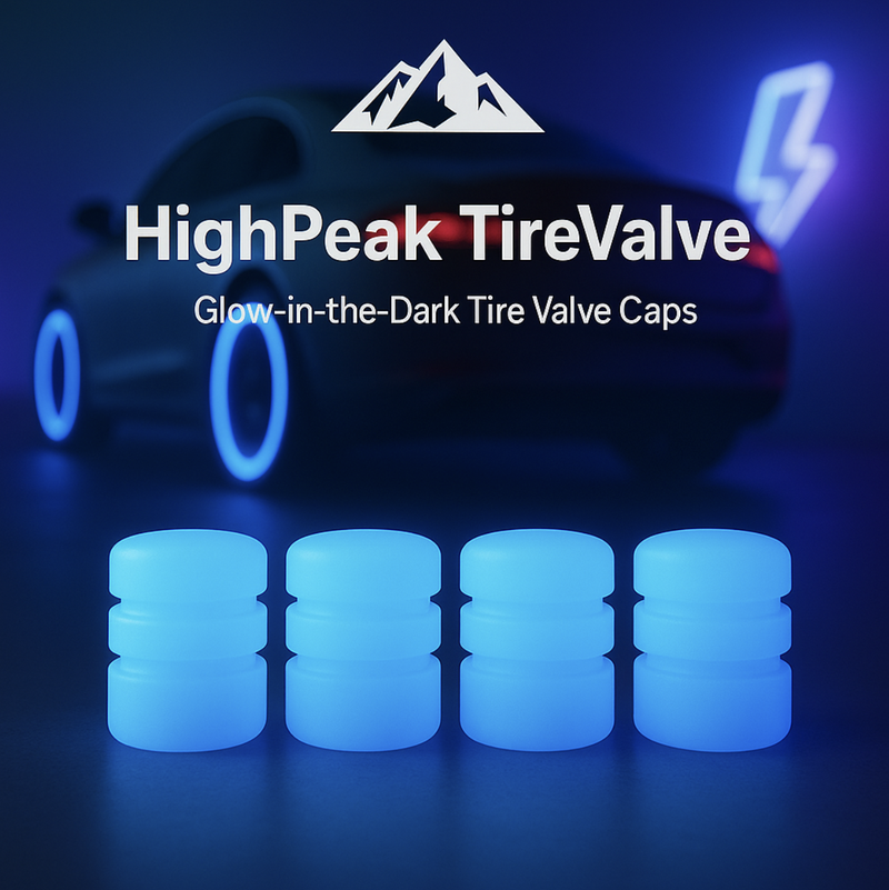 HighPeak TireValve™ blue glow-in-the-dark tire valve caps with neon car wheels in dark setting