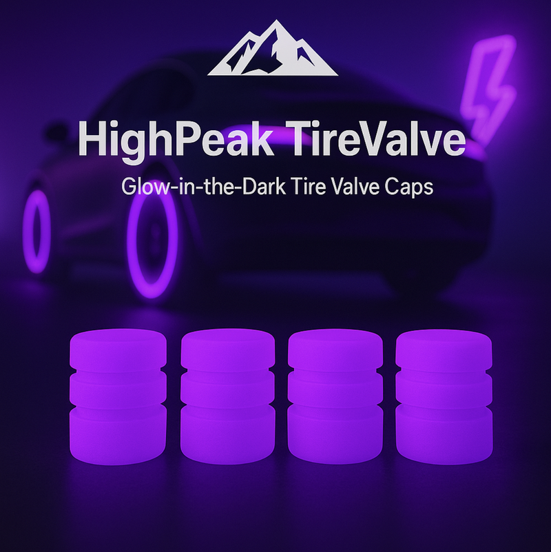 HighPeak TireValve glow-in-the-dark purple silicone tire valve caps with futuristic neon light car background