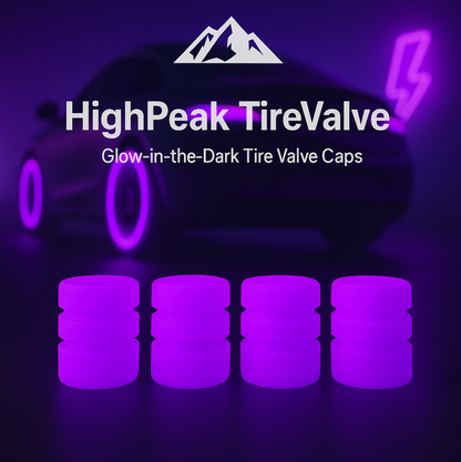 HighPeak TireValve glow-in-the-dark purple silicone tire valve caps with futuristic neon light car background