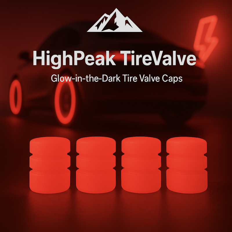 HighPeak TireValve Glow-in-the-Dark red silicone tire valve caps with neon car wheel lights in a dark setting