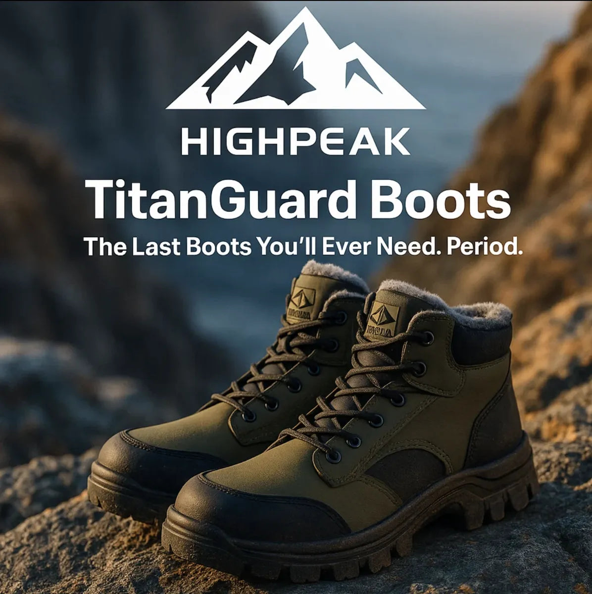 HighPeak TitanGuard™ safety boots in brown with black steel toe, rugged sole on rocky outdoor terrain at dusk