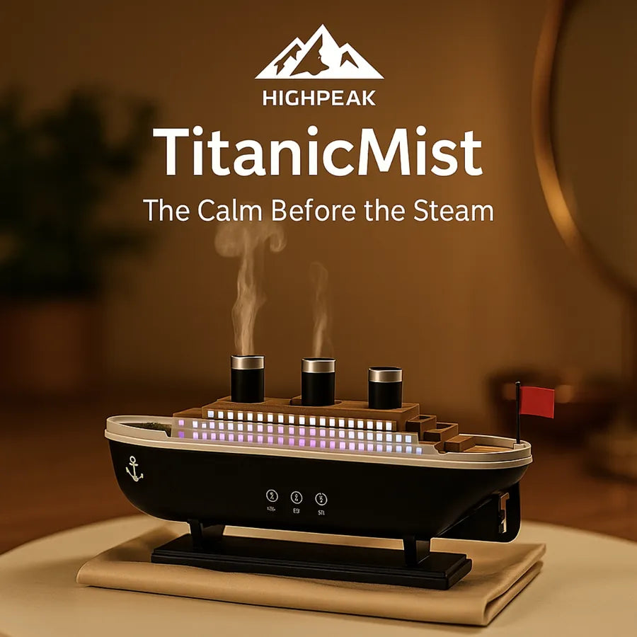 HighPeak TitanicMist aromatherapy diffuser in black shaped like a vintage steamship with rising mist and ambient lights.