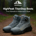 HighPeak TitanStep Boots in gray with no-lace twist lock and breathable mesh, shown outdoors on dirt trail.