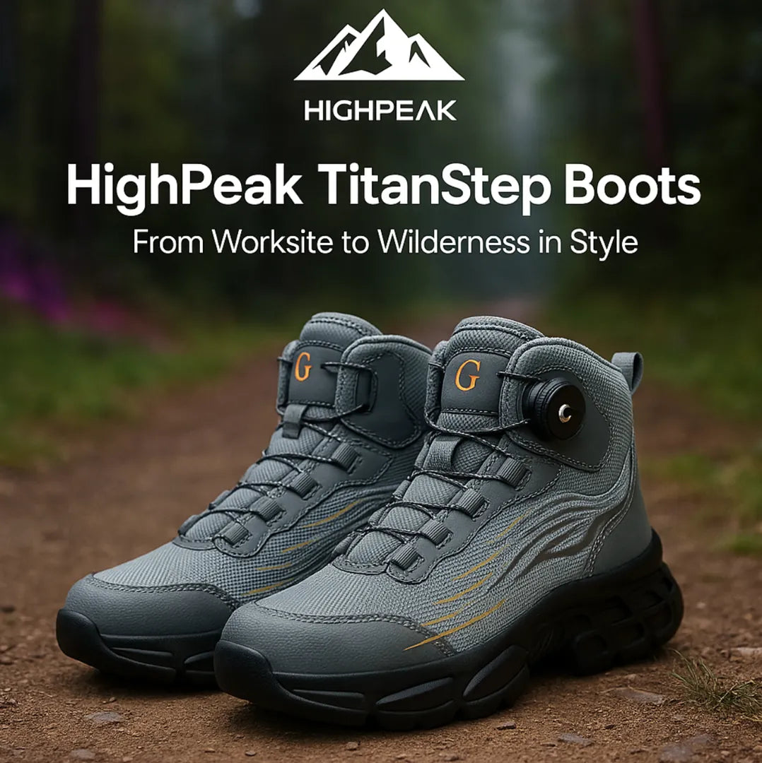 HighPeak TitanStep Boots in gray with no-lace twist lock and breathable mesh, shown outdoors on dirt trail.