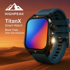 HighPeak TitanX Smart Watch in black with blue strap showing illuminated flashlight in desert sunset setting