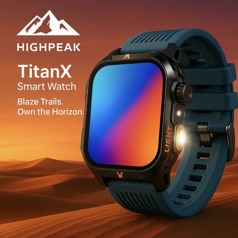 HighPeak TitanX™ Smart Watch with blue strap and flashlight feature against desert sunset background
