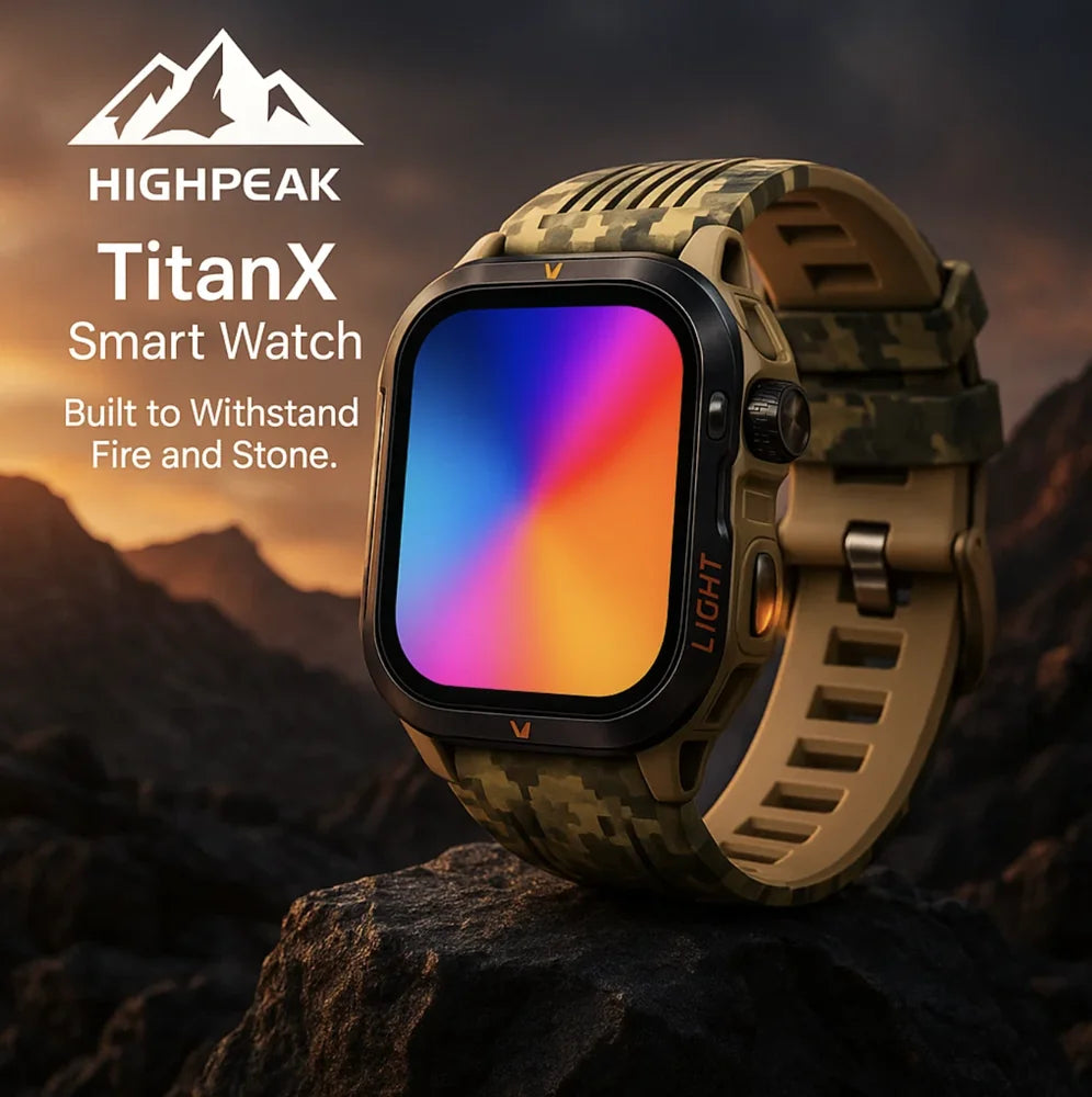HighPeak TitanX™ Smart Watch with camo band and durable design displayed on a rugged rock outdoors at sunset