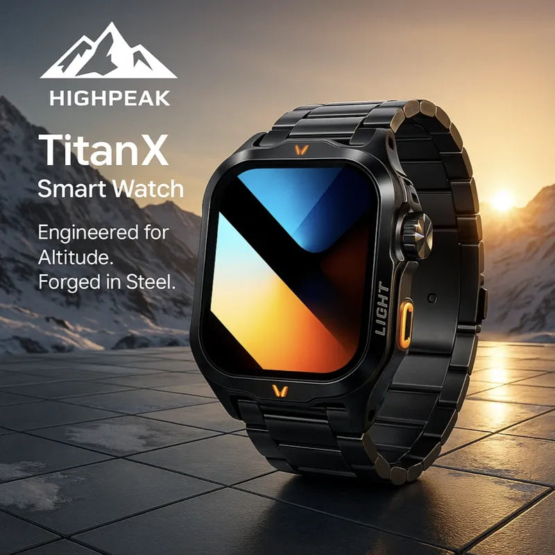 HighPeak TitanX™ Smart Watch in black steel with altitude features displayed on a mountain sunrise background