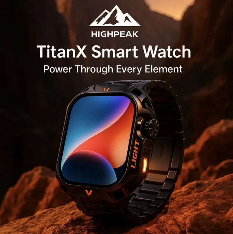 HighPeak TitanX Smart Watch in black with rugged design on rocky terrain showcasing adventure features and durable build