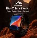 HighPeak TitanX Smart Watch in black with rugged design on rocky terrain showcasing adventure features and durable build