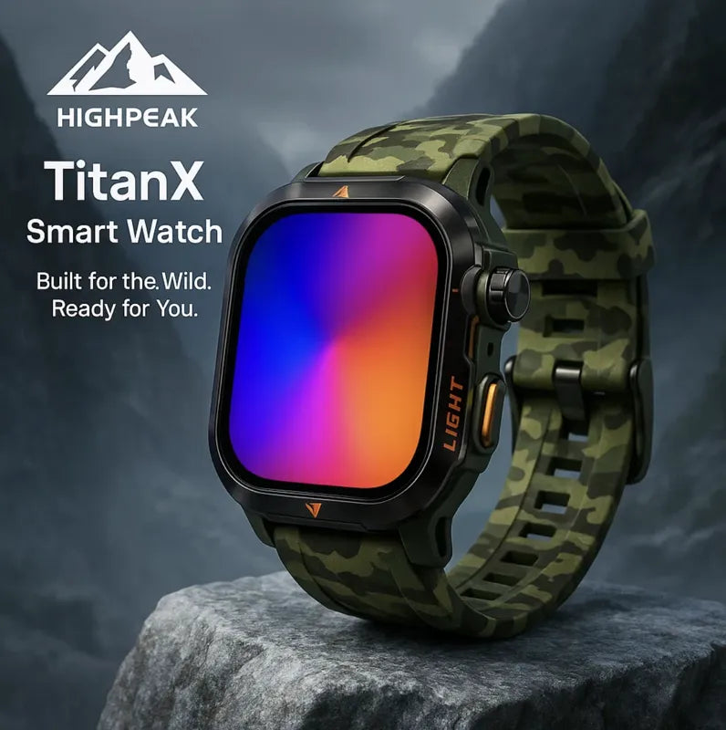 HighPeak TitanX™ Smart Watch with camo strap and rugged design on rock, adventure-ready and built for the wild